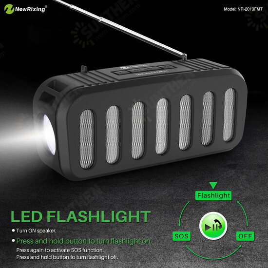 NR-2013FMT Wireless bluetooth Speaker Stereo 6W FM Radio TF Card AUX-In Soundbar Solar Charging Flashlight Portable Outdoor Soundbox with Mic