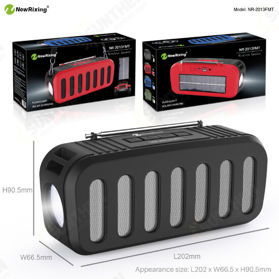 NR-2013FMT Wireless bluetooth Speaker Stereo 6W FM Radio TF Card AUX-In Soundbar Solar Charging Flashlight Portable Outdoor Soundbox with Mic