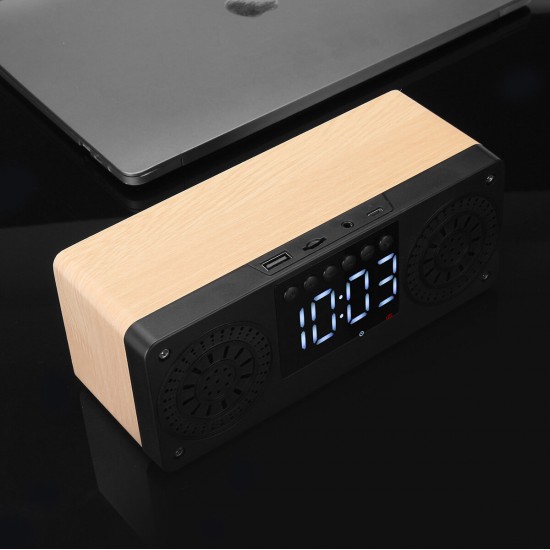 bluetooth 5.0 Wooden Speaker Alarm Clock Support TF Card/USB/AUX/ FM Radio