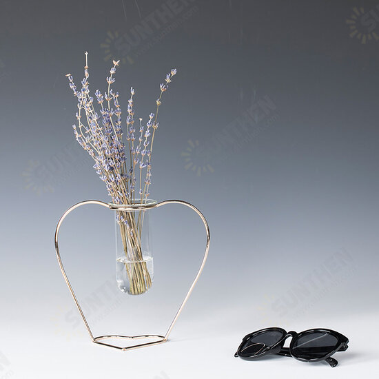 Crystal Glass Iron Test Tube Vase in Wooden Stand Flower Pots Plant