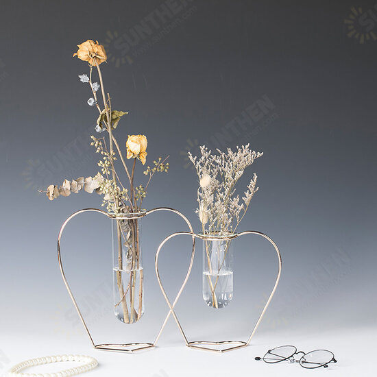 Crystal Glass Iron Test Tube Vase in Wooden Stand Flower Pots Plant