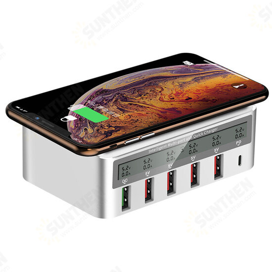 100W 6-Port USB PD Charger PD3.0 QC3.0 LED Digital Display Desktop Charging Station 10W Wireless Charger Fast Charging Pad EU/US/UK/AU Plug