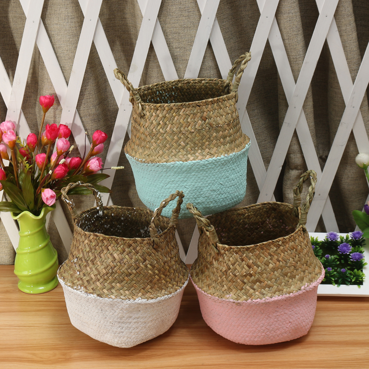 5PCS-Mat-Grass-Belly-Basket-Storage-Plant-Pot-Foldable-Laundry-Bag-Room-Decorative-Flower-Pot-1217821-1
