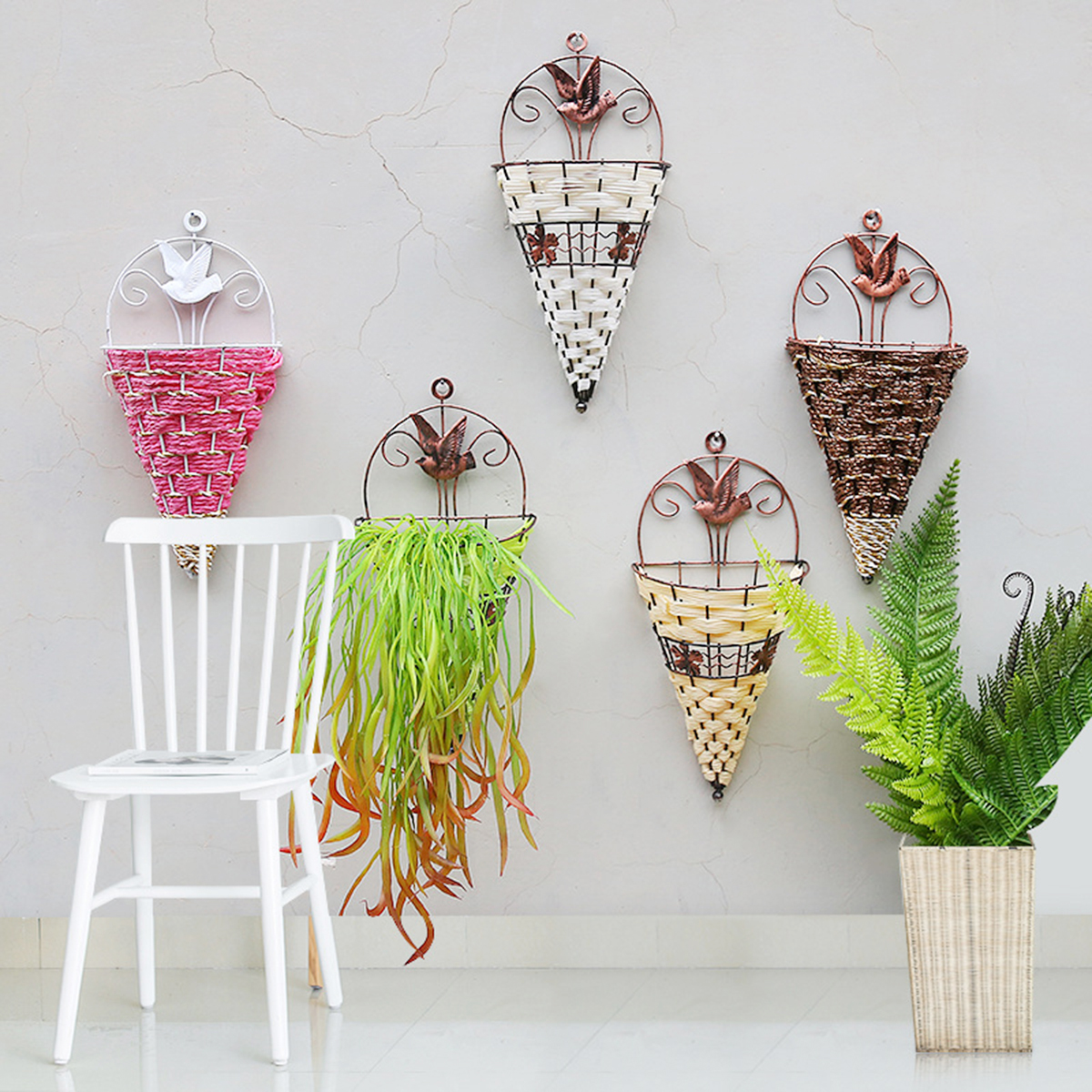 Rattan-Hanging-Wall-Planter-Plant-Pot-Basket-Garden-Flower-Mounted-Holder-Cone-1490575-2