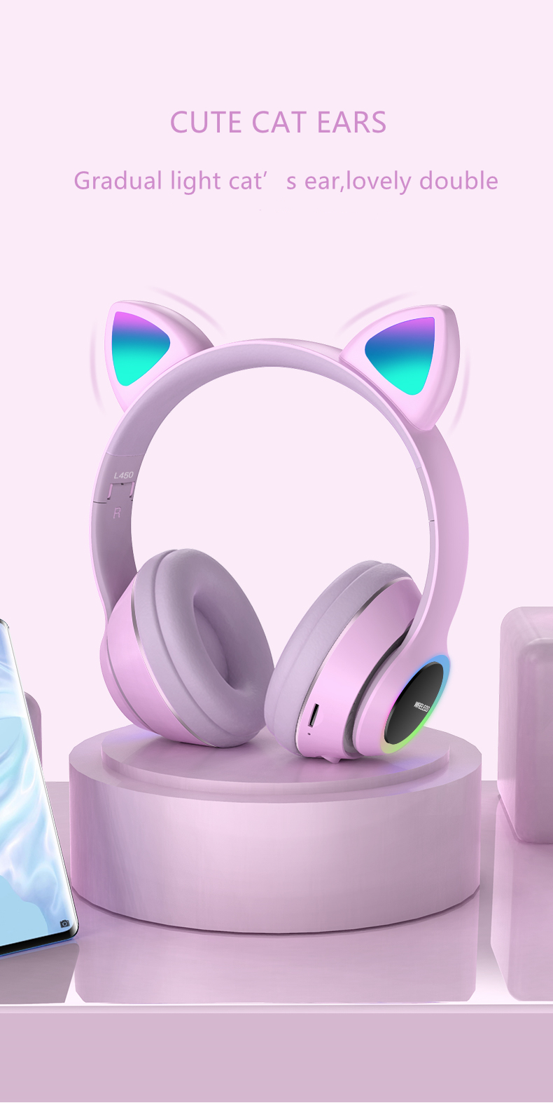 Bakeey-L450-Cute-Cat-Ear-bluetooth--Headset-Foldable-HiFi-Music-Headphone-Supports-TF-Card-FM-with-M-1874364-3