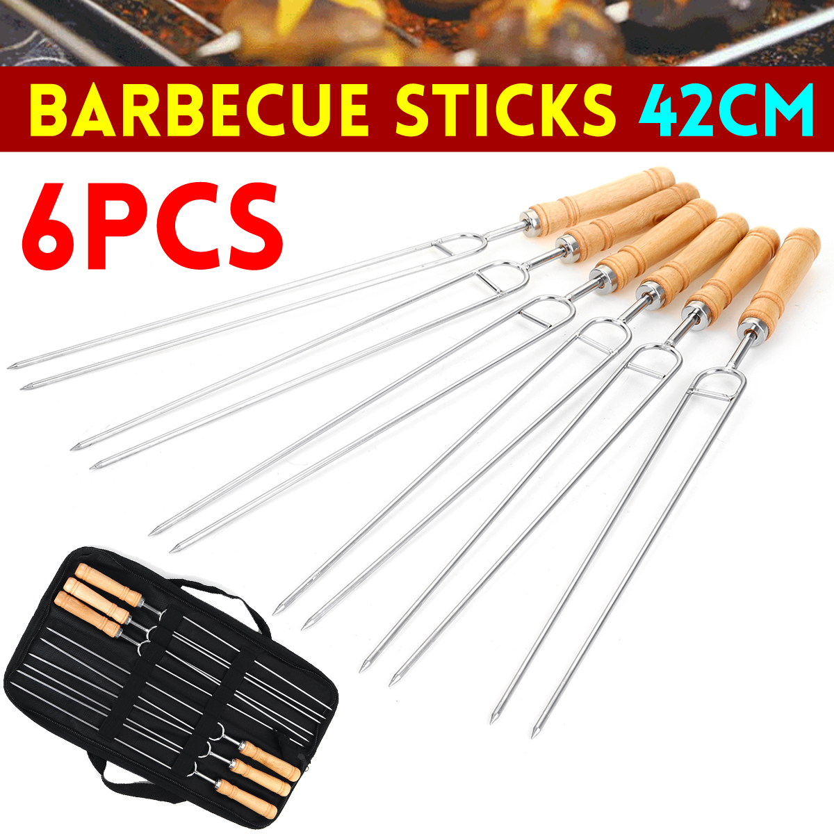 6PCSSet-Stainless-Steel-Wire-BBQ-Skewers-Wood-Handle-Grill-Roasting-Sticks-Outdoor-Camping-BBQ-Tool-1806341-1