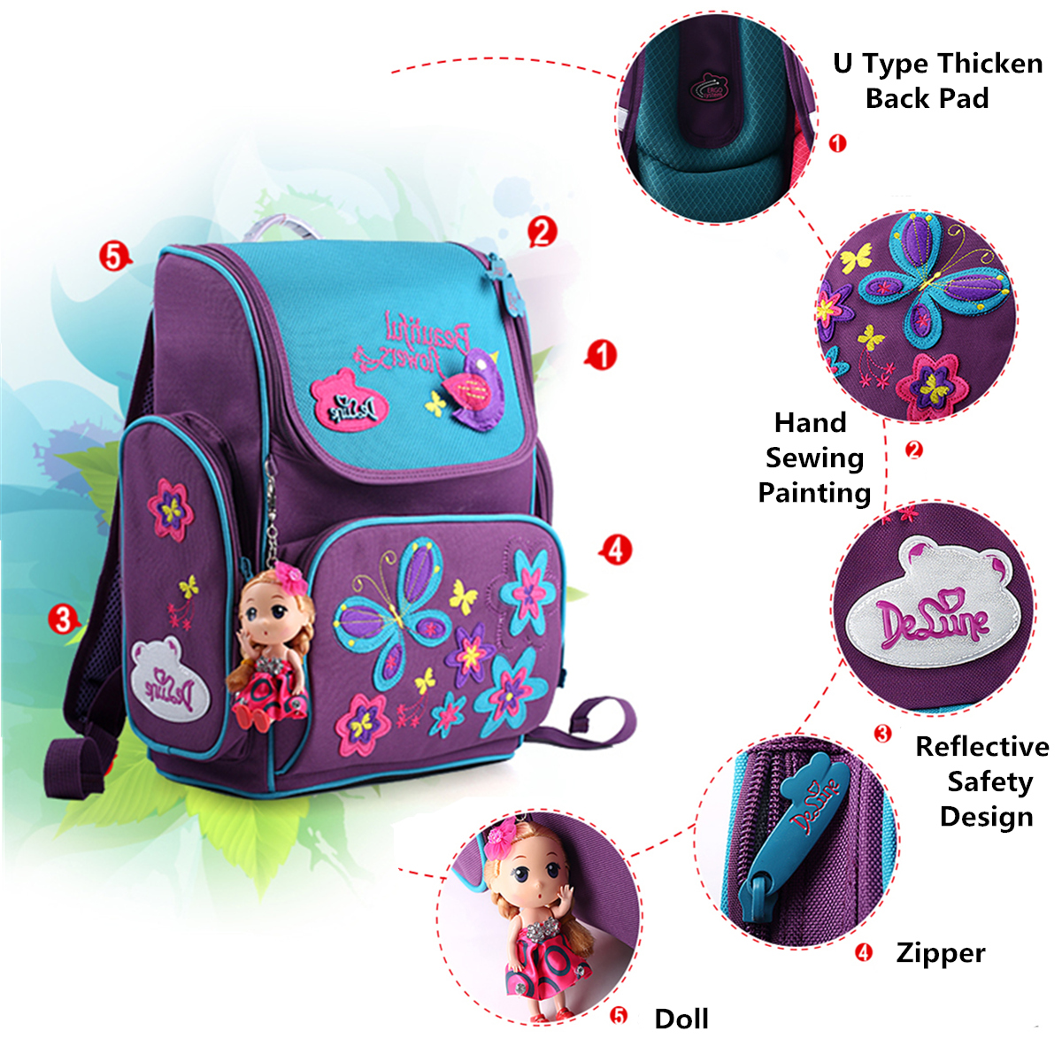 18L-Girls-Kids-Cartoon-School-Bag-Reflective-Safety-Waterproof-Children-Backpack-With-Doll-Pendant-1352202-3