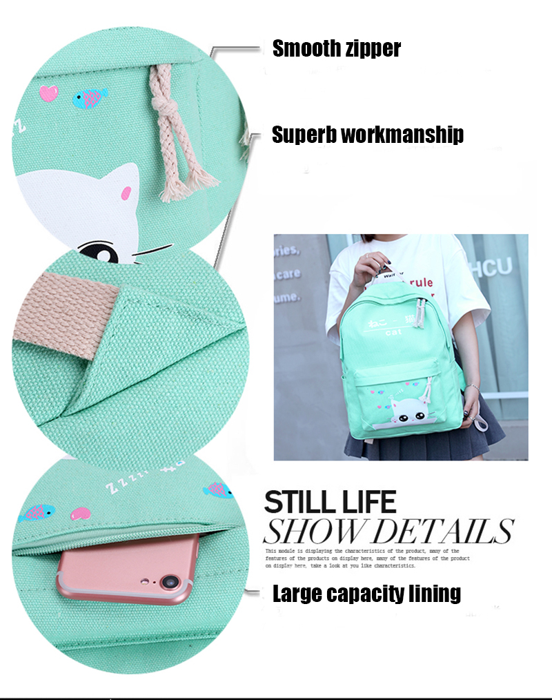 5Pcsset-Canvas-Backpack-Cat-Large-Capacity-School-Bags-Camping-Multi-function-Travel--Bag-1324887-3