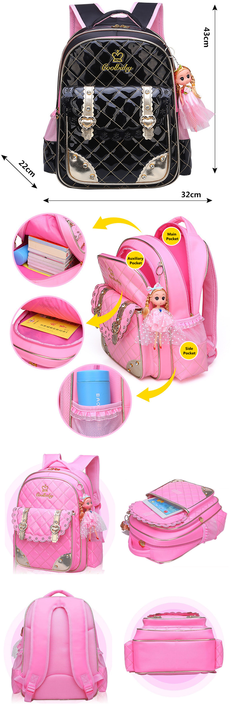 Nylon-School-Bag-Waterproof-Backpack-Children-Shoulder-Bag-Handbag-With-Doll-Pendant-1371410-1
