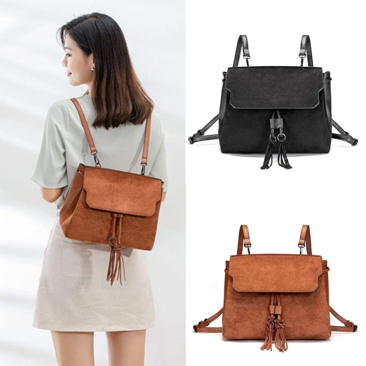 Outdoor-PU-Leather-Backpack-Women-Tassel-Handbag-School-Bag-Travel-Rucksack-1627681-1