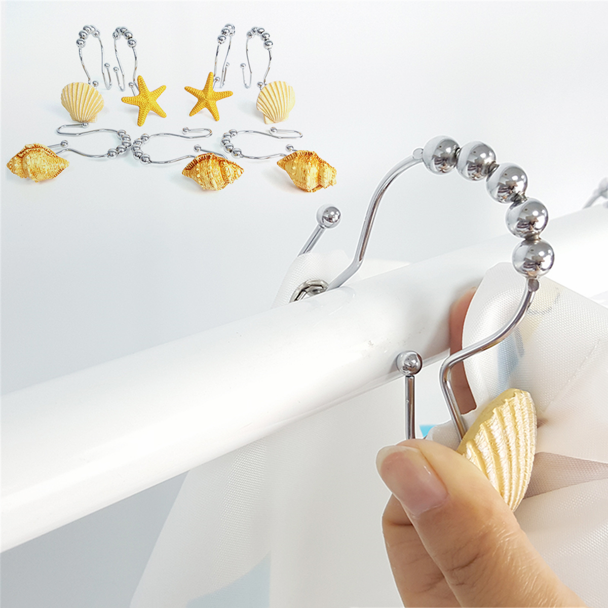 12PcsSet-Resin-Decorative-Seashell-Shower-Curtain-Stainless-Steel-Hook-Bathroom-1468189-10