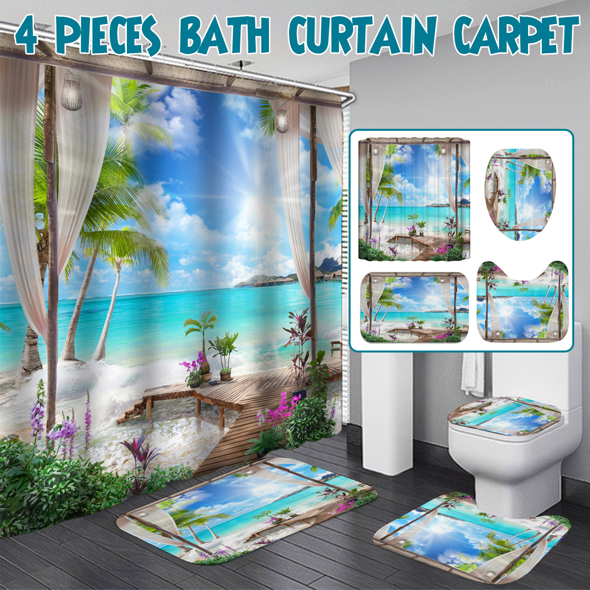 13Pcs-Shower-Curtain-Set-Bay-Printing-Toilet-Cover-Mat-Bathroom-Non-Slip-Mat-1795987-1