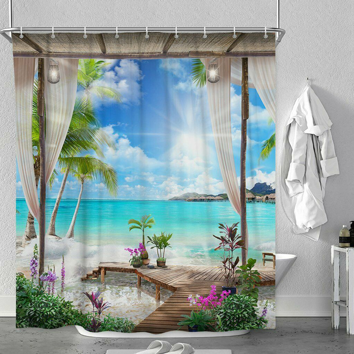 13Pcs-Shower-Curtain-Set-Bay-Printing-Toilet-Cover-Mat-Bathroom-Non-Slip-Mat-1795987-3