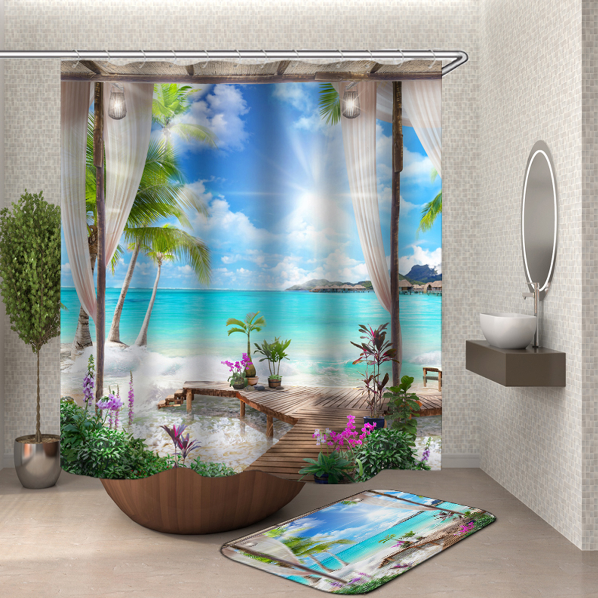13Pcs-Shower-Curtain-Set-Bay-Printing-Toilet-Cover-Mat-Bathroom-Non-Slip-Mat-1795987-4