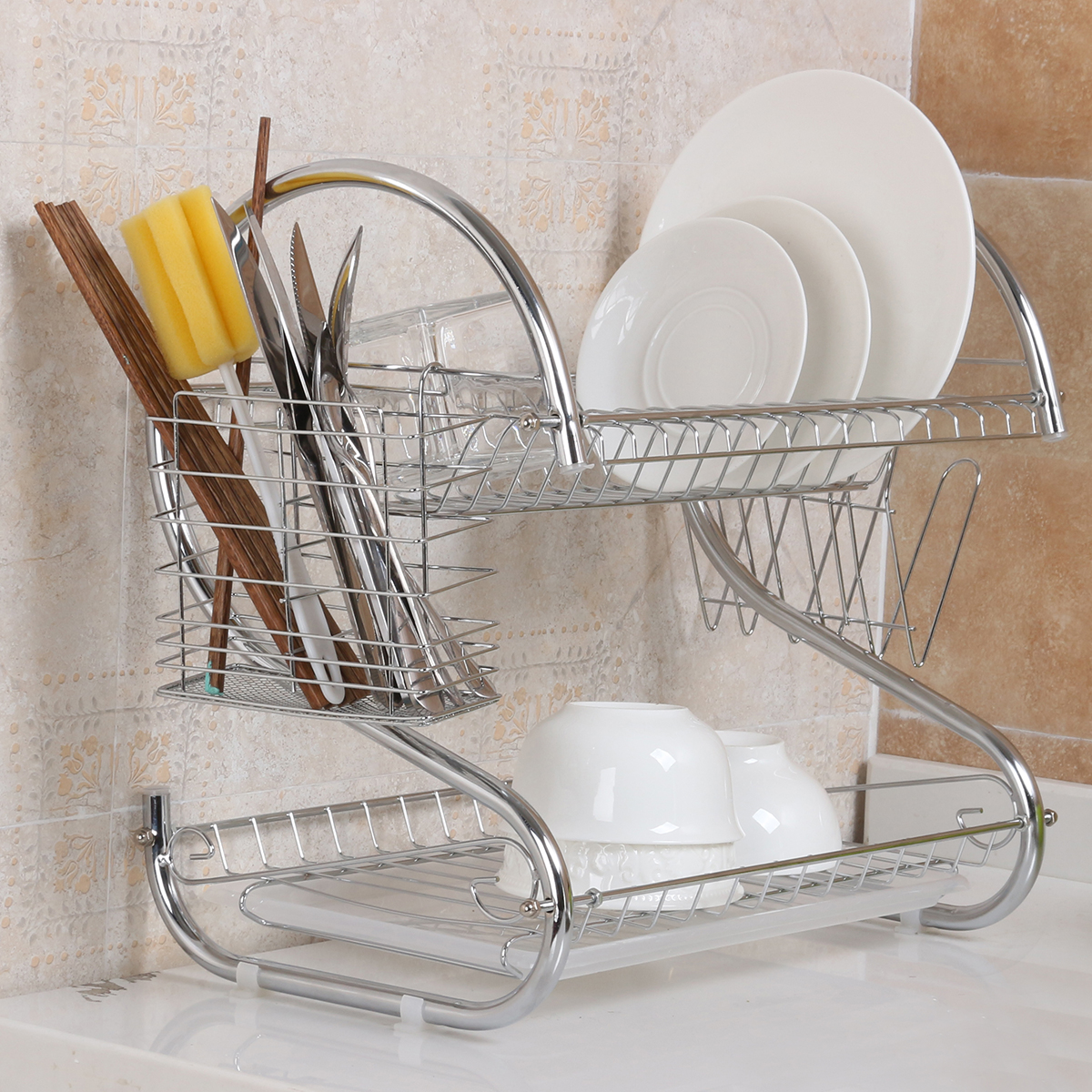 Multifunction-2-Tier-Kitchen-Dish-Cutlery-Drainer-Rack-Drip-Tray-Plate-Holder-Drain-Shelf-1421916-3