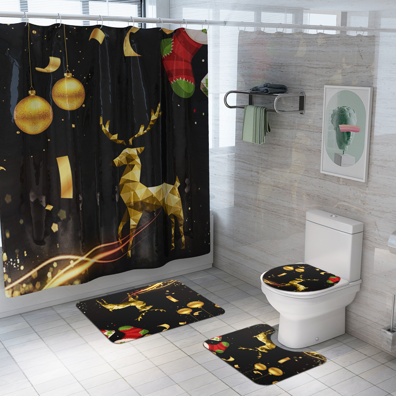 180x180-Waterproof-Christmas-Elk-Shower-Curtain-Set-Non-slip-Bath-Mat-Toilet-Lid-Cover-Floor-Mat-Set-1924770-2