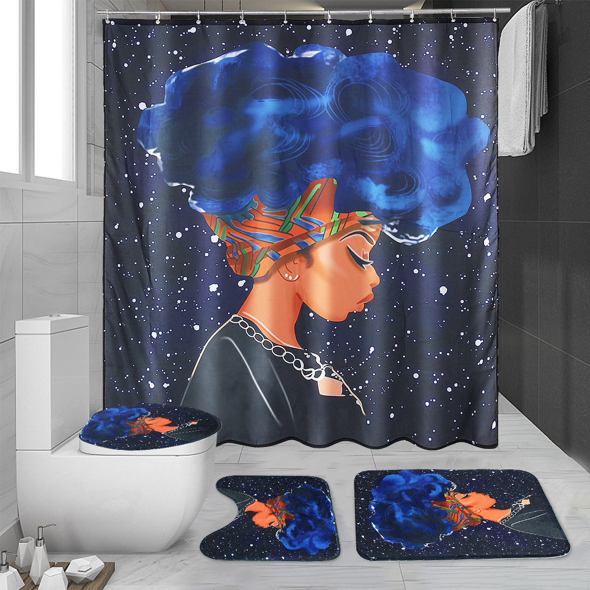 180x180CM-African-Afro-Woman-Waterproof-Shower-Curtain-Anti-slip-Bath-Floor-Mat-1927256-2