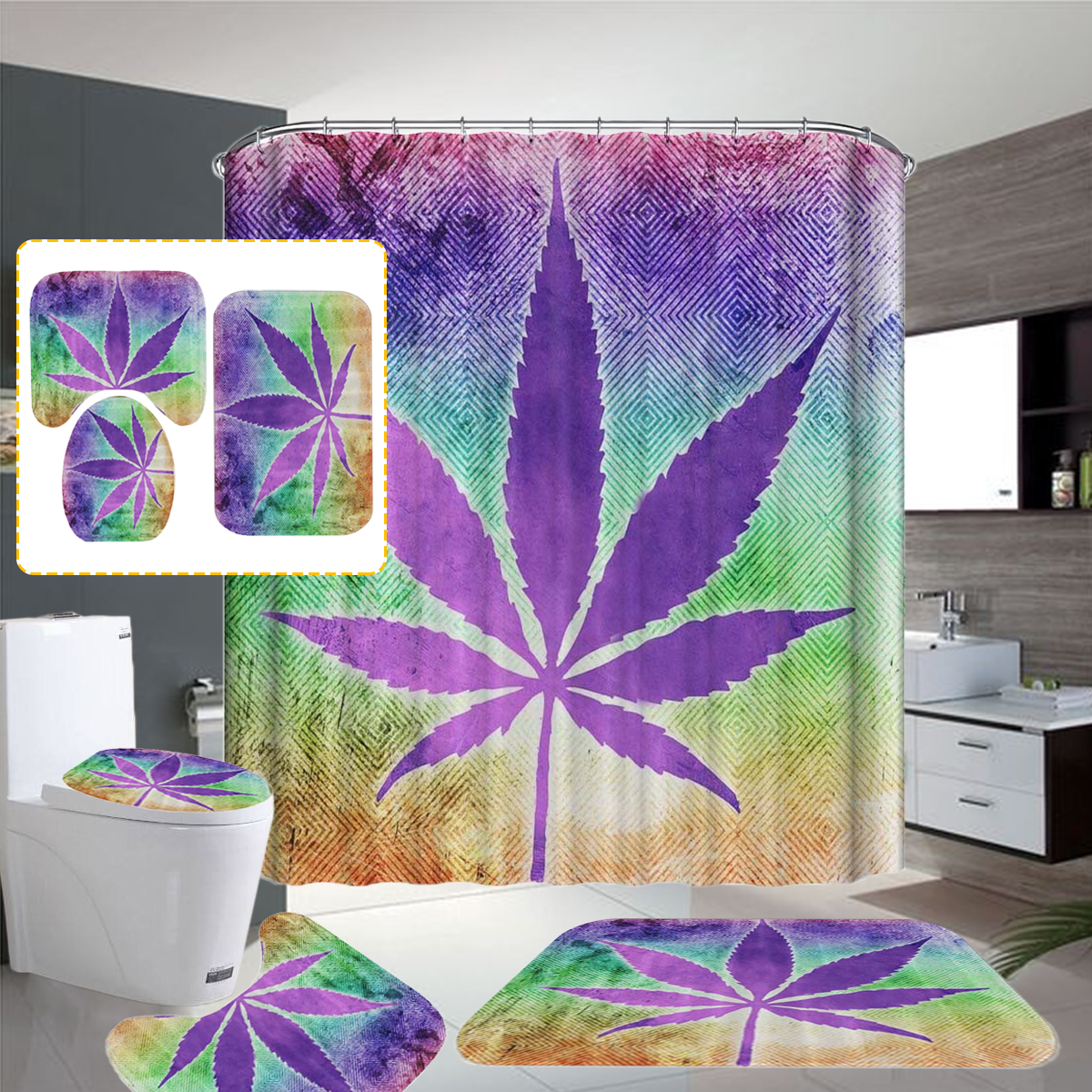 180x180CM-Hemp-Leaf-Printing-Waterproof-Shower-Curtain-Anti-rust-Moisture-proof-Bath-Math-Set-1929647-1