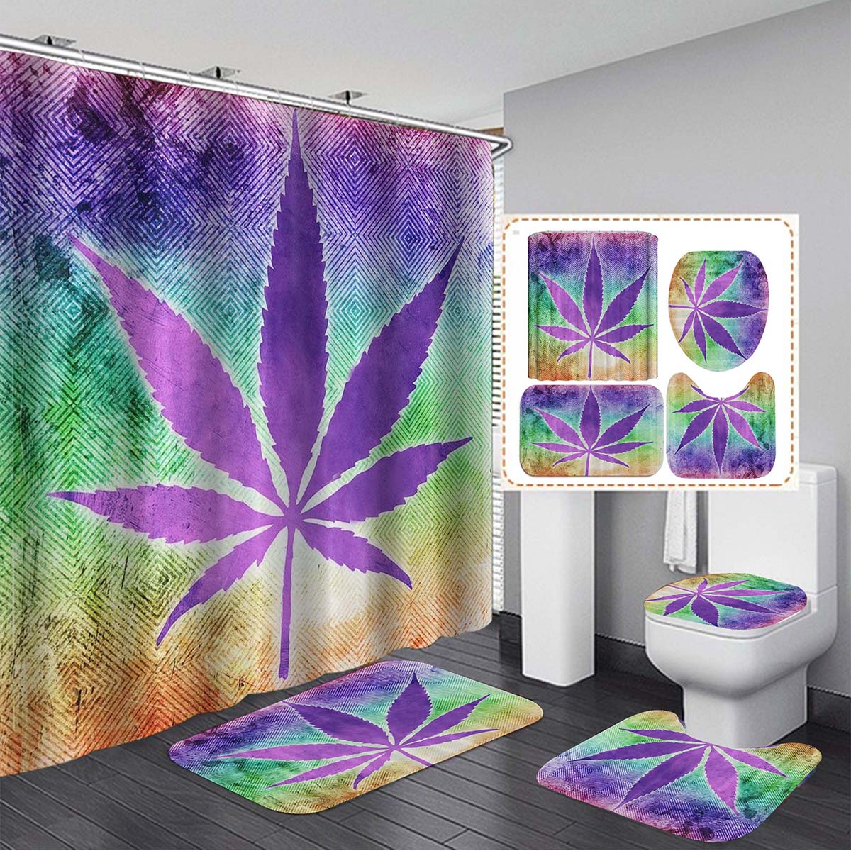 180x180CM-Hemp-Leaf-Printing-Waterproof-Shower-Curtain-Anti-rust-Moisture-proof-Bath-Math-Set-1929647-2