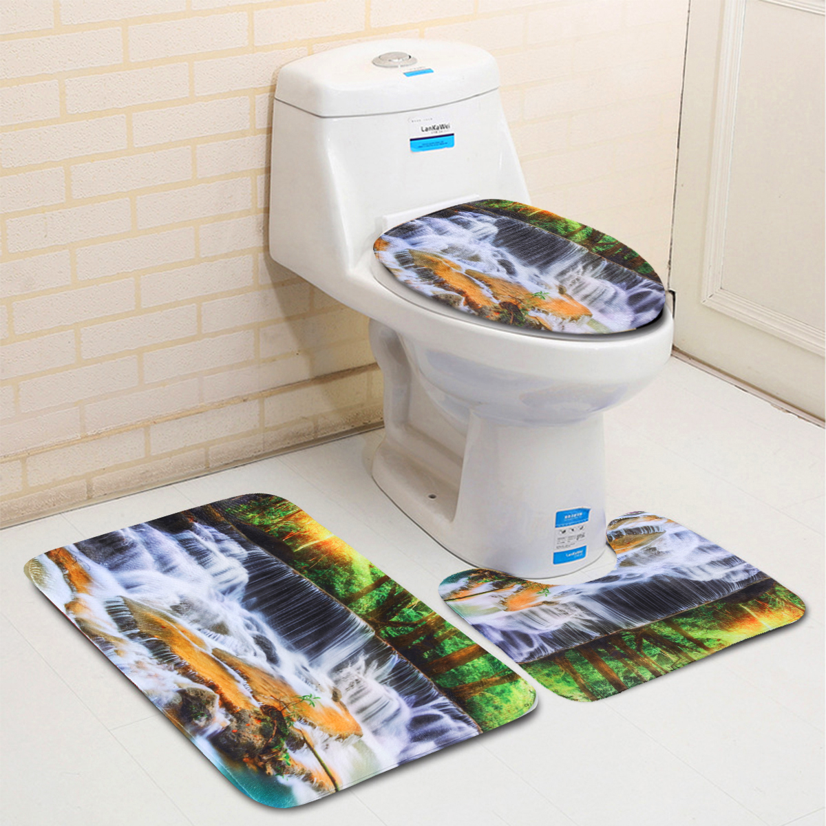 180x180CM-Waterfall-Printing-Waterproof-3PCS-Toilet-Cover-Mat-Non-Slip-Rug-Set-1920569-1
