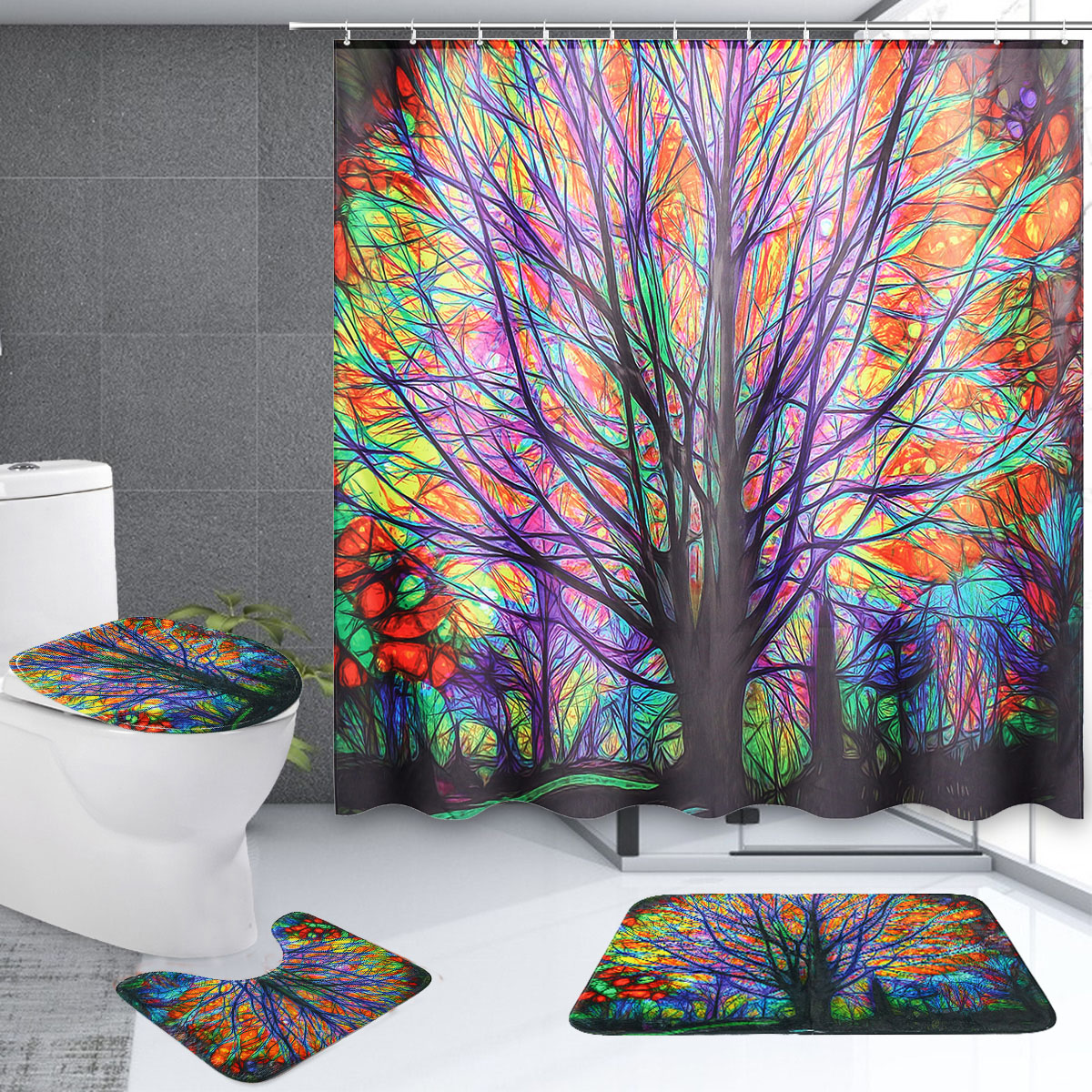 180x180cm-Colorful-Tree-Leaves-Waterproof-Bathroom-Shower-Curtain-w-12-Hooks-1558895-5