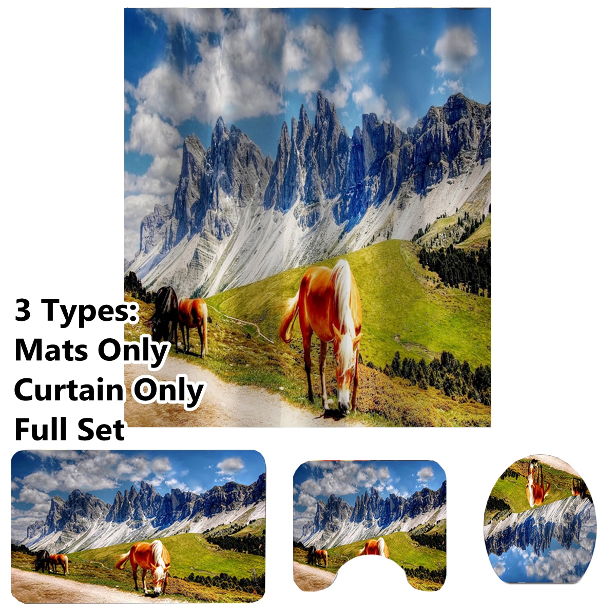 431PCS-Horse-Bathroom-Rug-Shower-Curtain-4pcs-Skidproof-Toilet-Lid-Cover-Bath-Mat-Rug-Set-1633561-1