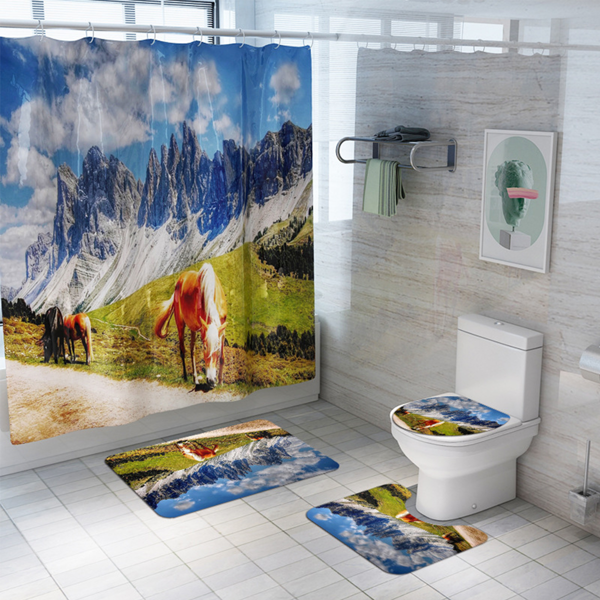 431PCS-Horse-Bathroom-Rug-Shower-Curtain-4pcs-Skidproof-Toilet-Lid-Cover-Bath-Mat-Rug-Set-1633561-2