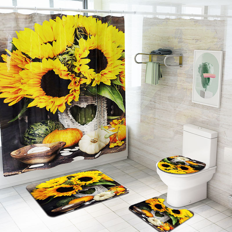 4PCS-Non-Slip-Sunflower-Pattern-Toilet-Polyester-Cover-Mat-Set-Waterproof-Bathroom-Shower-Curtains-1674967-1