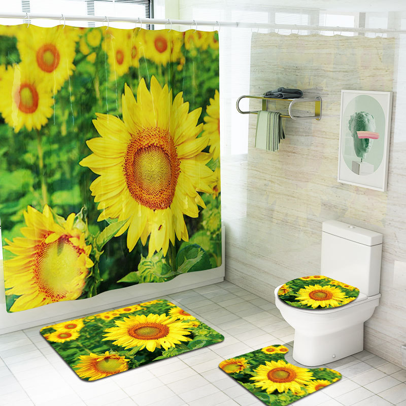 4PCS-Non-Slip-Sunflower-Pattern-Toilet-Polyester-Cover-Mat-Set-Waterproof-Bathroom-Shower-Curtains-1674967-2