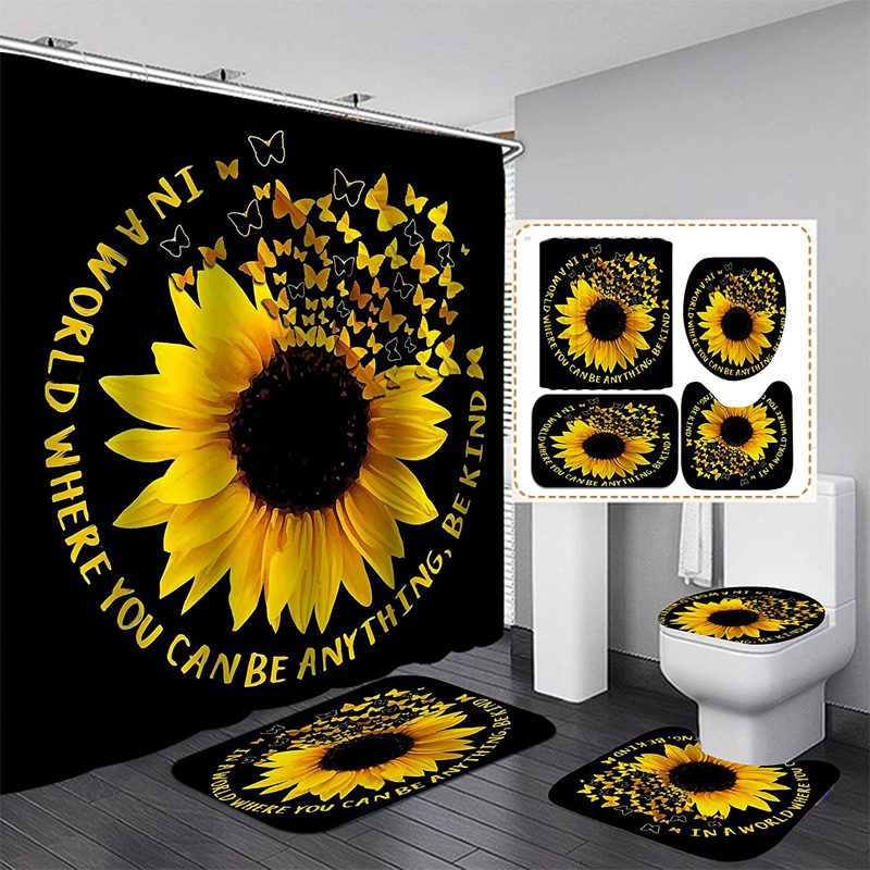 4PCS-Sunflower-Printing-Waterproof-Shwoer-Curtain-Set-Anti-slip-Dustproof-Bath-Toilet-Seat-Cover-Lid-1927263-1