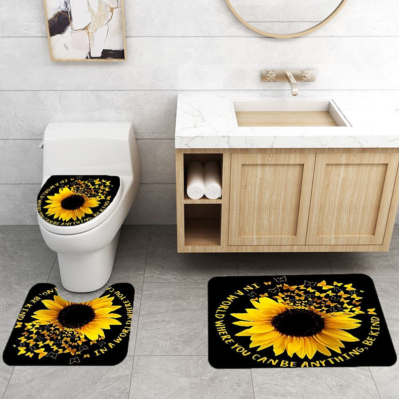 4PCS-Sunflower-Printing-Waterproof-Shwoer-Curtain-Set-Anti-slip-Dustproof-Bath-Toilet-Seat-Cover-Lid-1927263-2