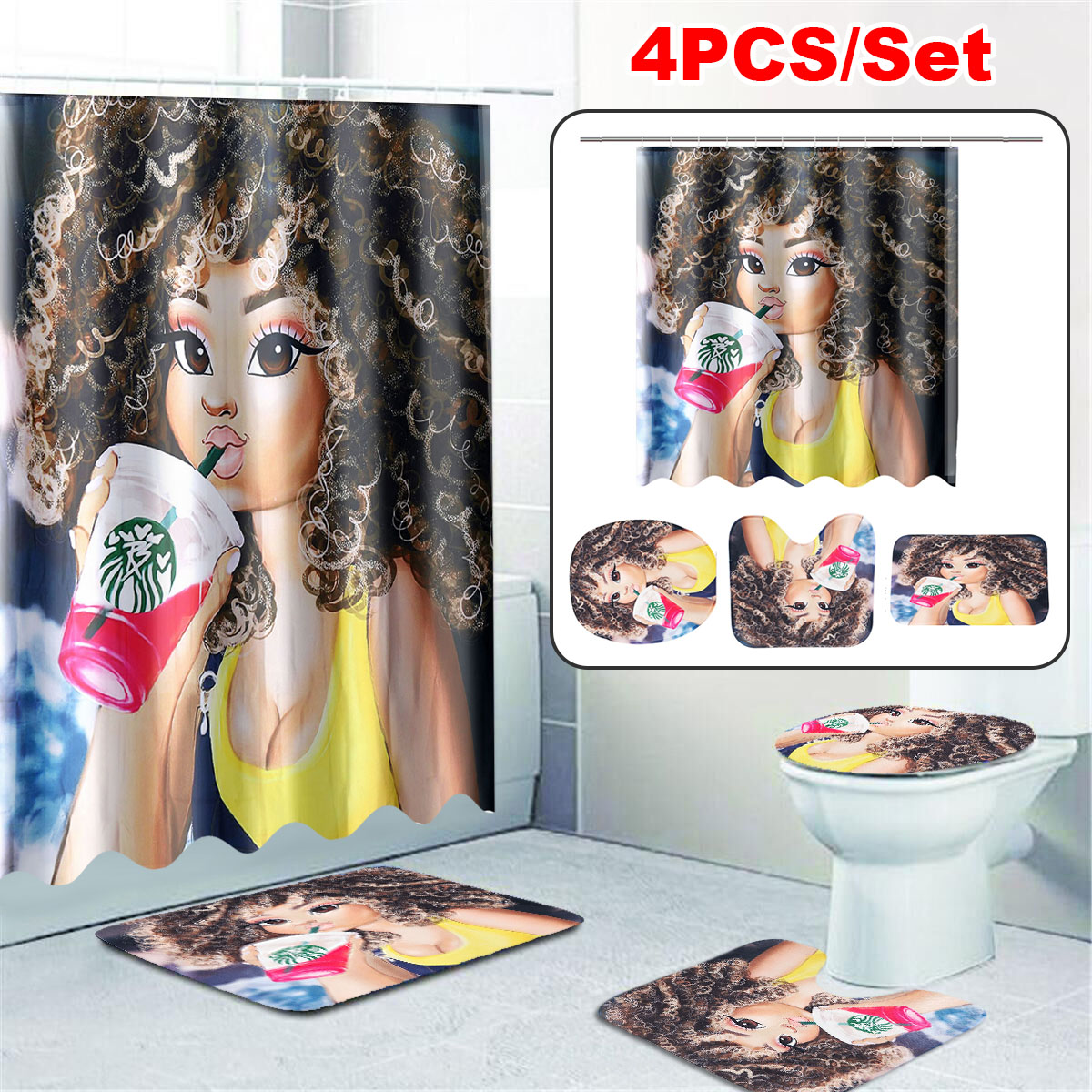 4Pcs-Bathroom-Shower-Curtain-Set-Waterproof-Toilet-Lid-Mat-for-Home-1800114-1