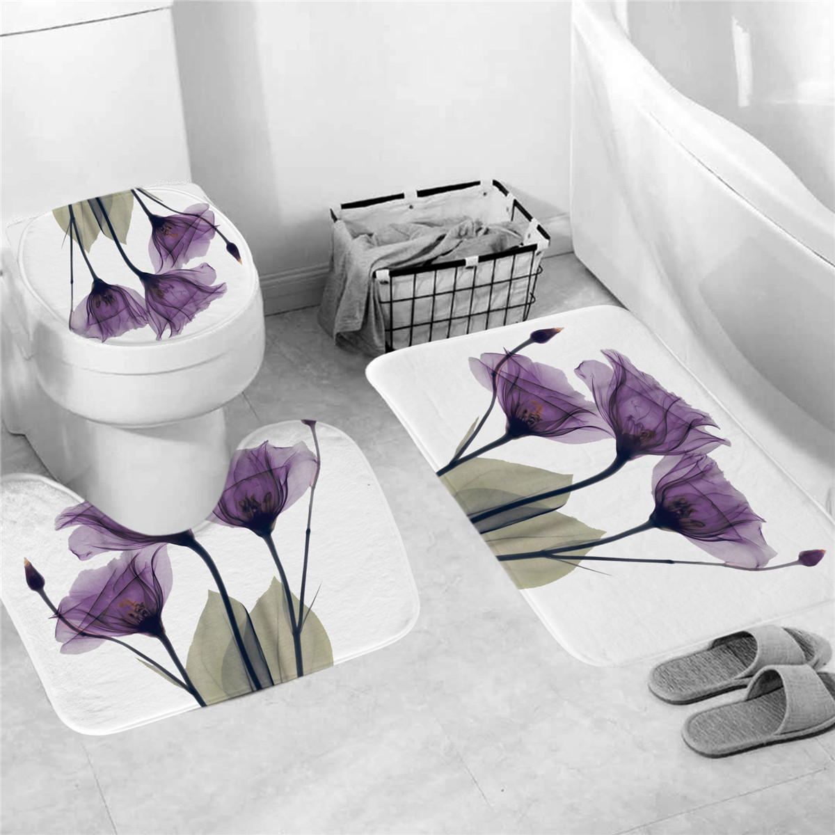 4Pcs-Waterproof-Home-Bathroom-Bath-Mat-Set-Anti-Slip-Rugs-Toilet-Lid-Cover-Shower-Curtain-1526083-5