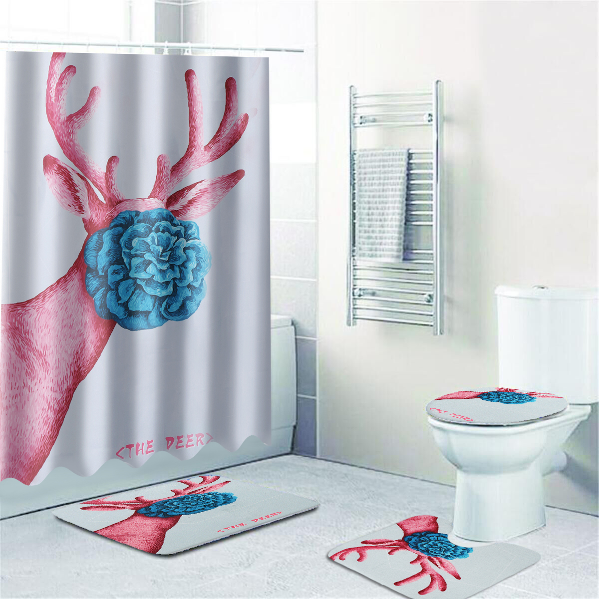 Cartoon-Deer-Printed-Waterproof-Shower-Curtain-Set-Non-slip-Bath-Mat-Toilet-Floor-Mat-Set-1925459-2