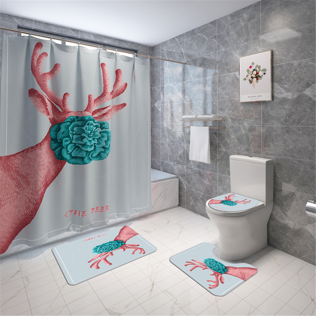 Cartoon-Deer-Printed-Waterproof-Shower-Curtain-Set-Non-slip-Bath-Mat-Toilet-Floor-Mat-Set-1925459-3