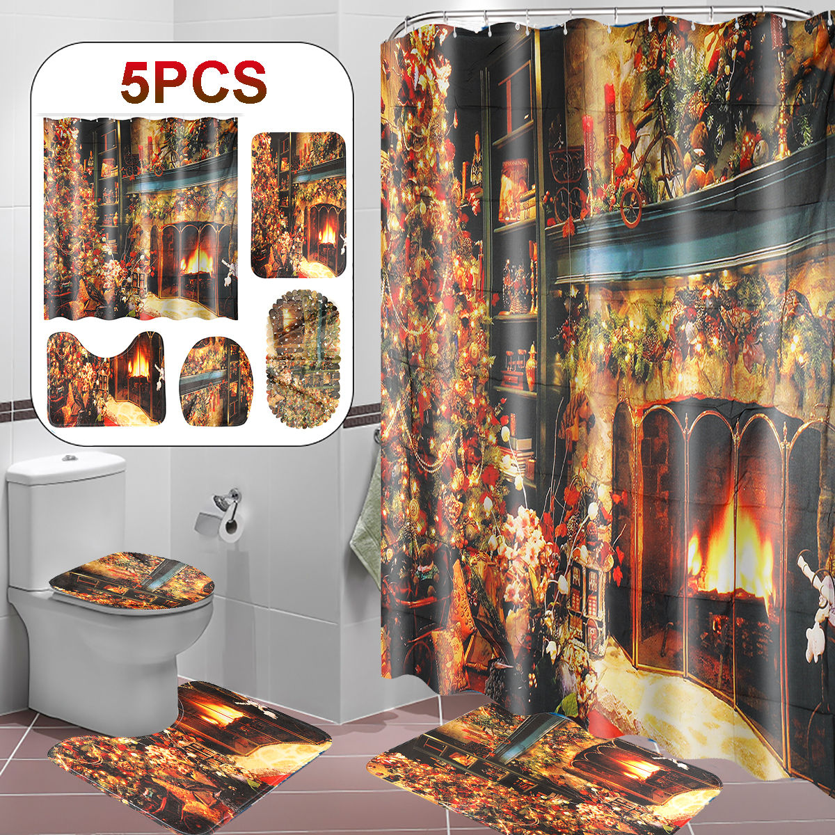Christmas-Shower-Curtain-Set-Fireplace-Christmas-Tree-Waterproof-Polyester-Fabric-Non-slip-Bath-Mat--1904585-1