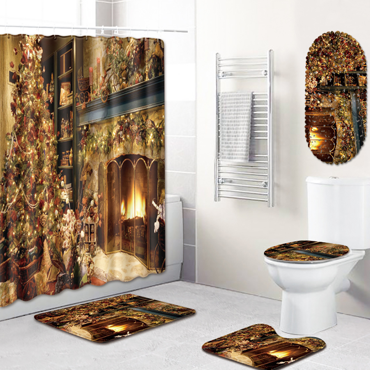 Christmas-Shower-Curtain-Set-Fireplace-Christmas-Tree-Waterproof-Polyester-Fabric-Non-slip-Bath-Mat--1904585-2