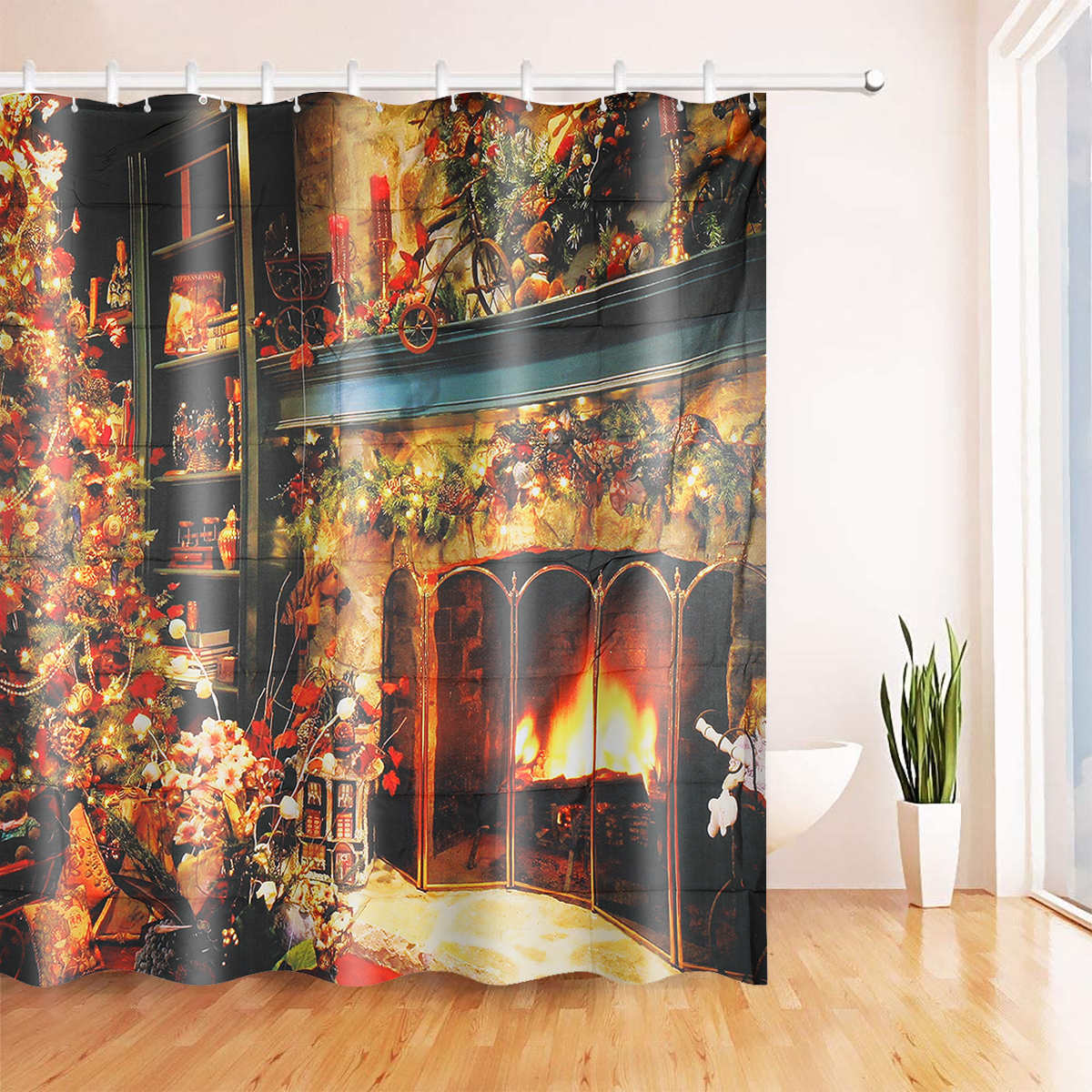 Christmas-Shower-Curtain-Set-Fireplace-Christmas-Tree-Waterproof-Polyester-Fabric-Non-slip-Bath-Mat--1904585-4