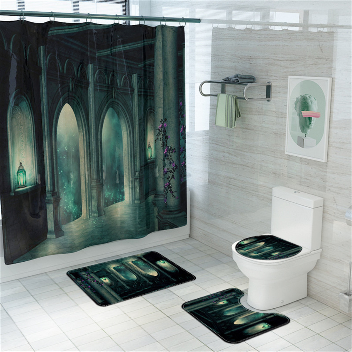 Dark-Castle-Printed-Waterproof-Shower-Curtain-Anti-slip-Toilet-Mat-Carpet-Set-1925460-1