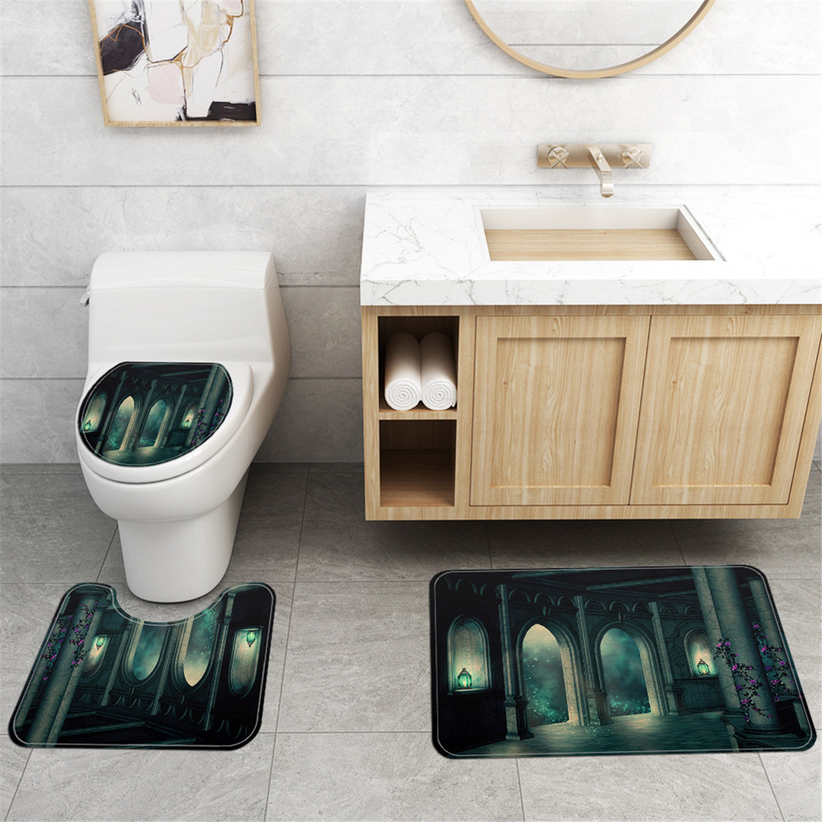 Dark-Castle-Printed-Waterproof-Shower-Curtain-Anti-slip-Toilet-Mat-Carpet-Set-1925460-2