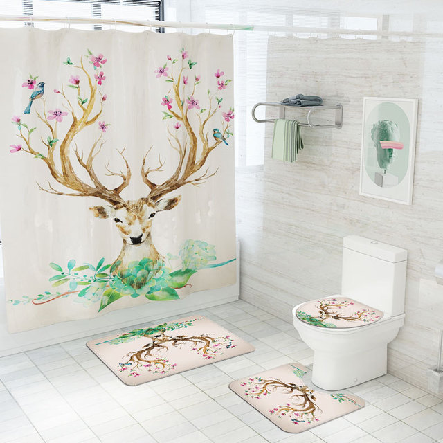 Elk-Flower-Printing-Shower-Curtain-Floor-Mat-Four-Piece-Combination-Bathroom-Mat-Set-1707003-2