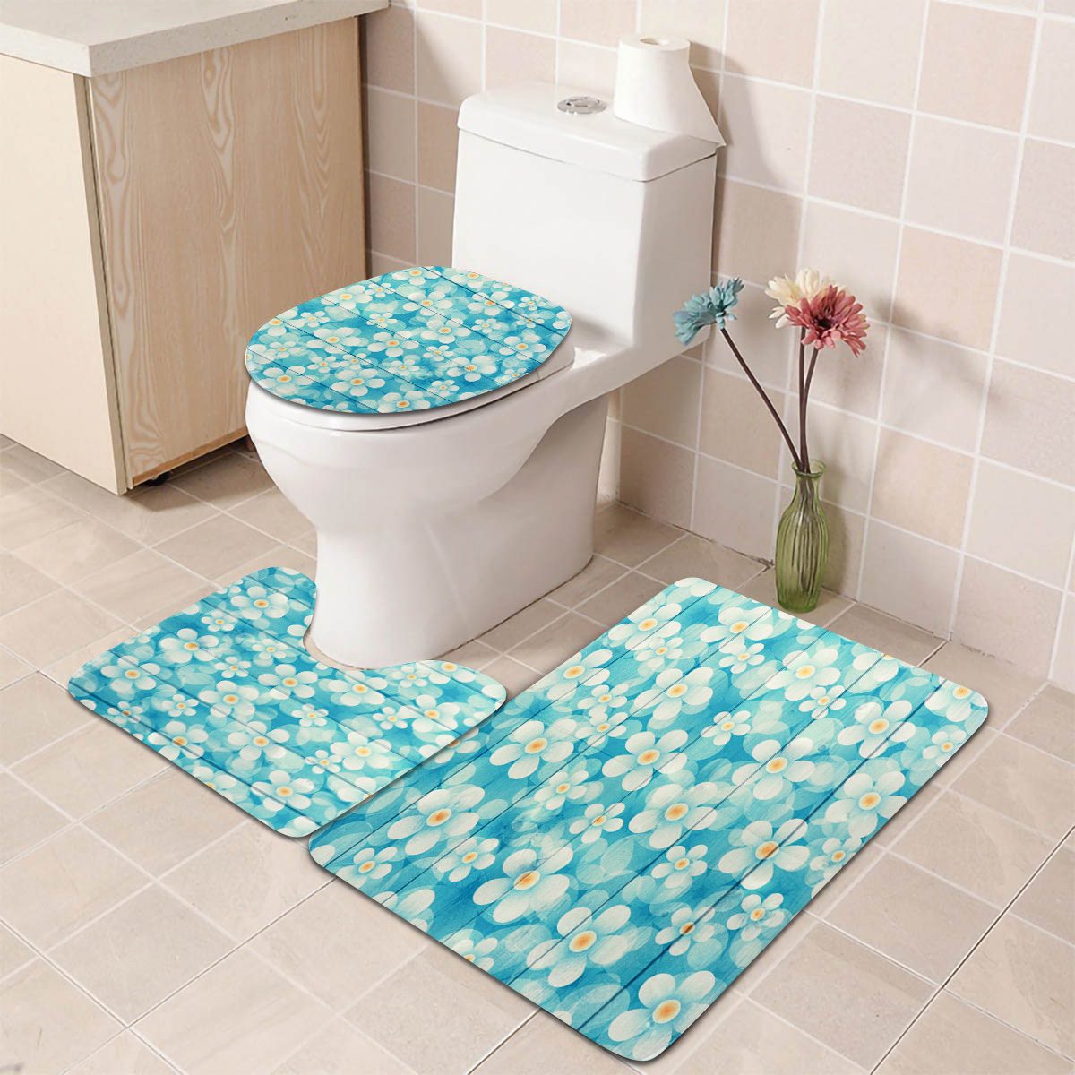 Freehand-Small-Flower-Shower-Curtain-Set-Wear-resistant-Toilet-Seat-Cushion-Toilet-Lid-Cover-Bath-Ma-1925461-2