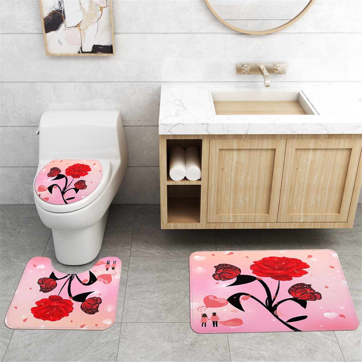 Rose-Flower-Waterproof-Shower-Curtain-Non-Slip-Rug-Toilet-Cover-Bath-Mat-Decor-1821912-5