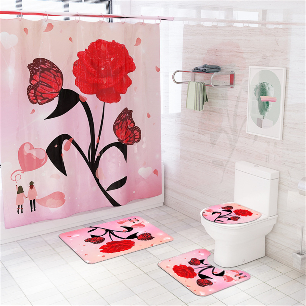 Rose-Flower-Waterproof-Shower-Curtain-Non-Slip-Rug-Toilet-Cover-Bath-Mat-Decor-1821912-6