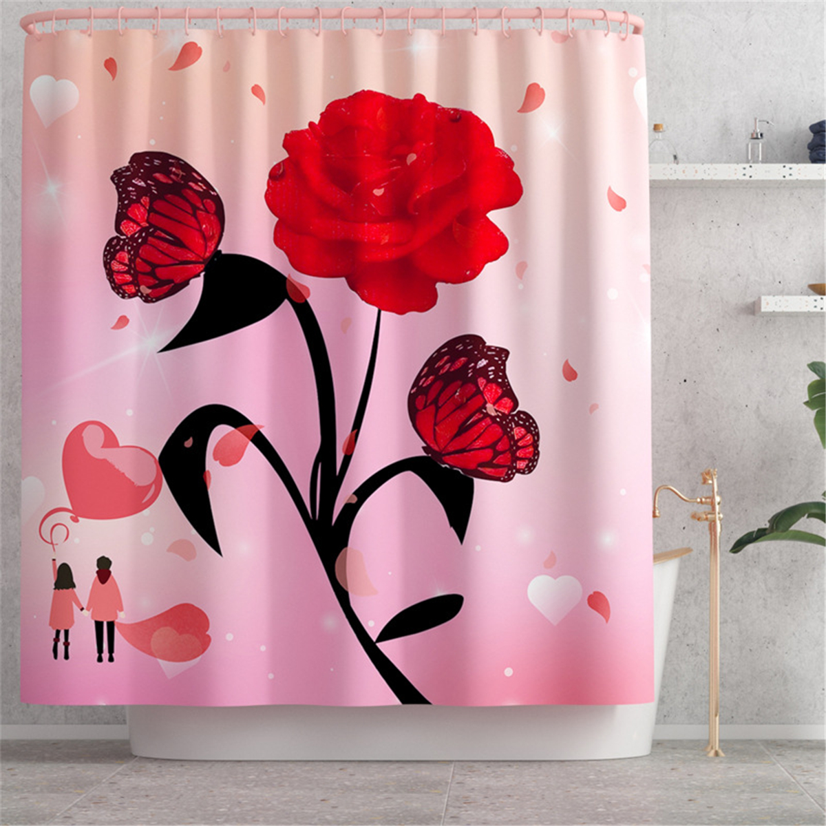 Rose-Flower-Waterproof-Shower-Curtain-Non-Slip-Rug-Toilet-Cover-Bath-Mat-Decor-1821912-7
