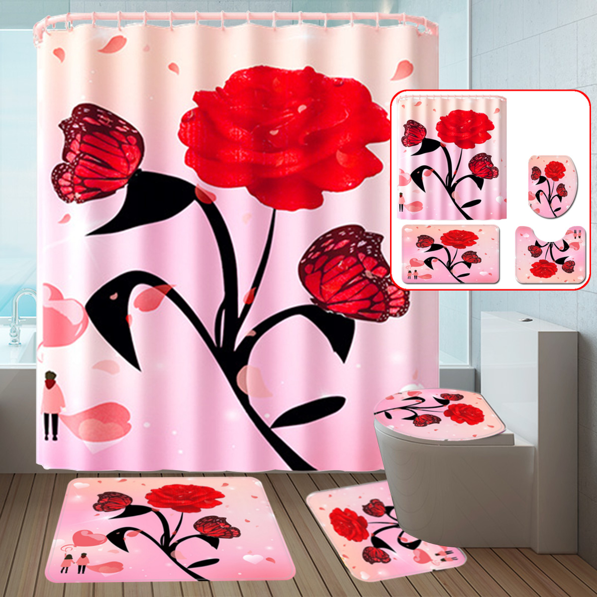 Rose-Flower-Waterproof-Shower-Curtain-Non-Slip-Rug-Toilet-Cover-Bath-Mat-Decor-1821912-8