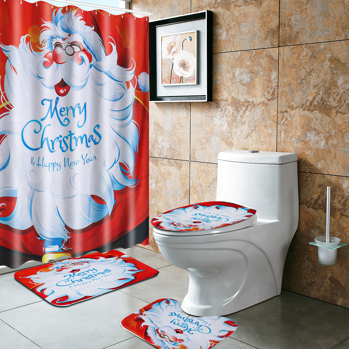 Santa-Claus-Christmas-Shower-Curtain-Waterproof-Polyester-Fabric-Bath-Curtain-Set-1914742-2