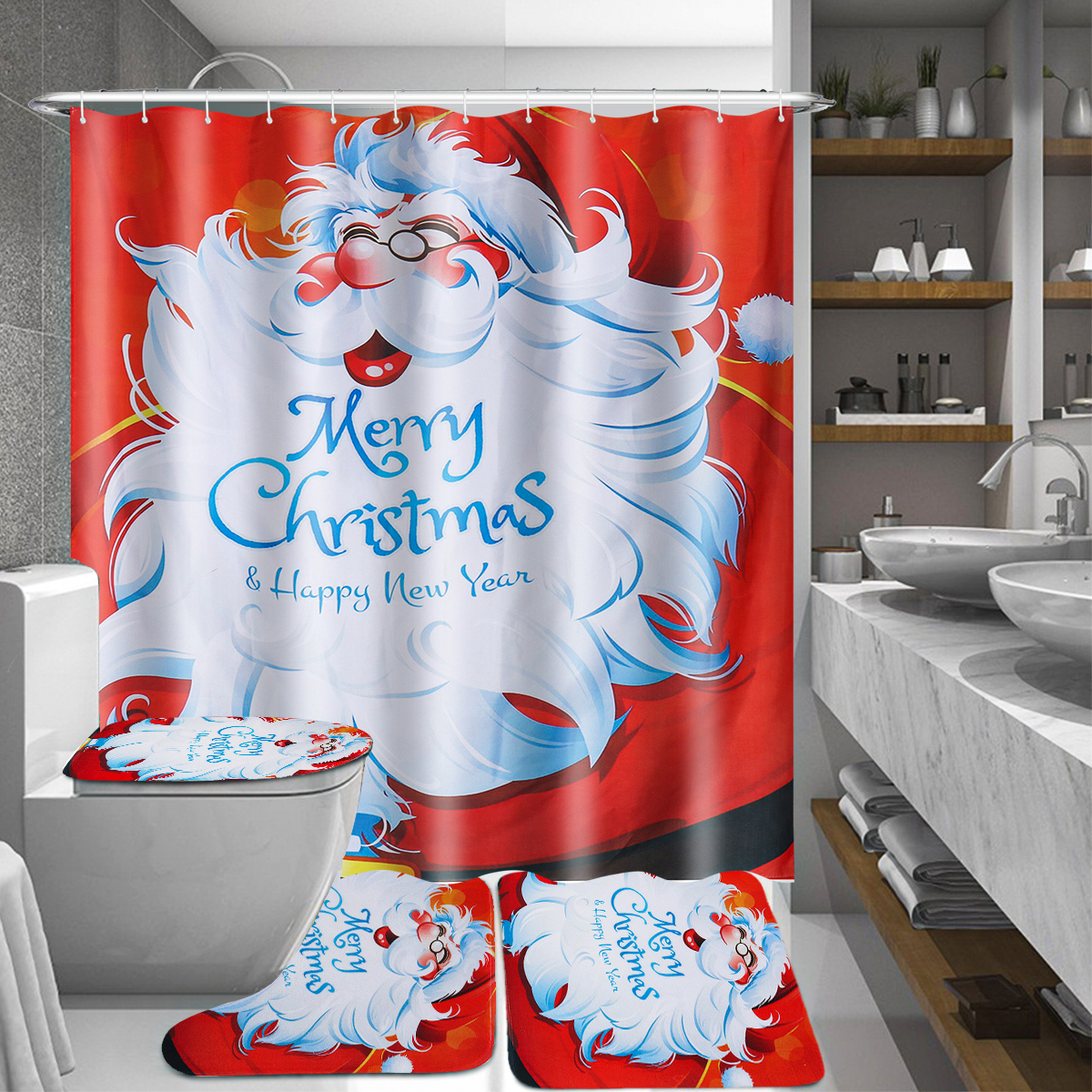 Santa-Claus-Christmas-Shower-Curtain-Waterproof-Polyester-Fabric-Bath-Curtain-Set-1914742-3