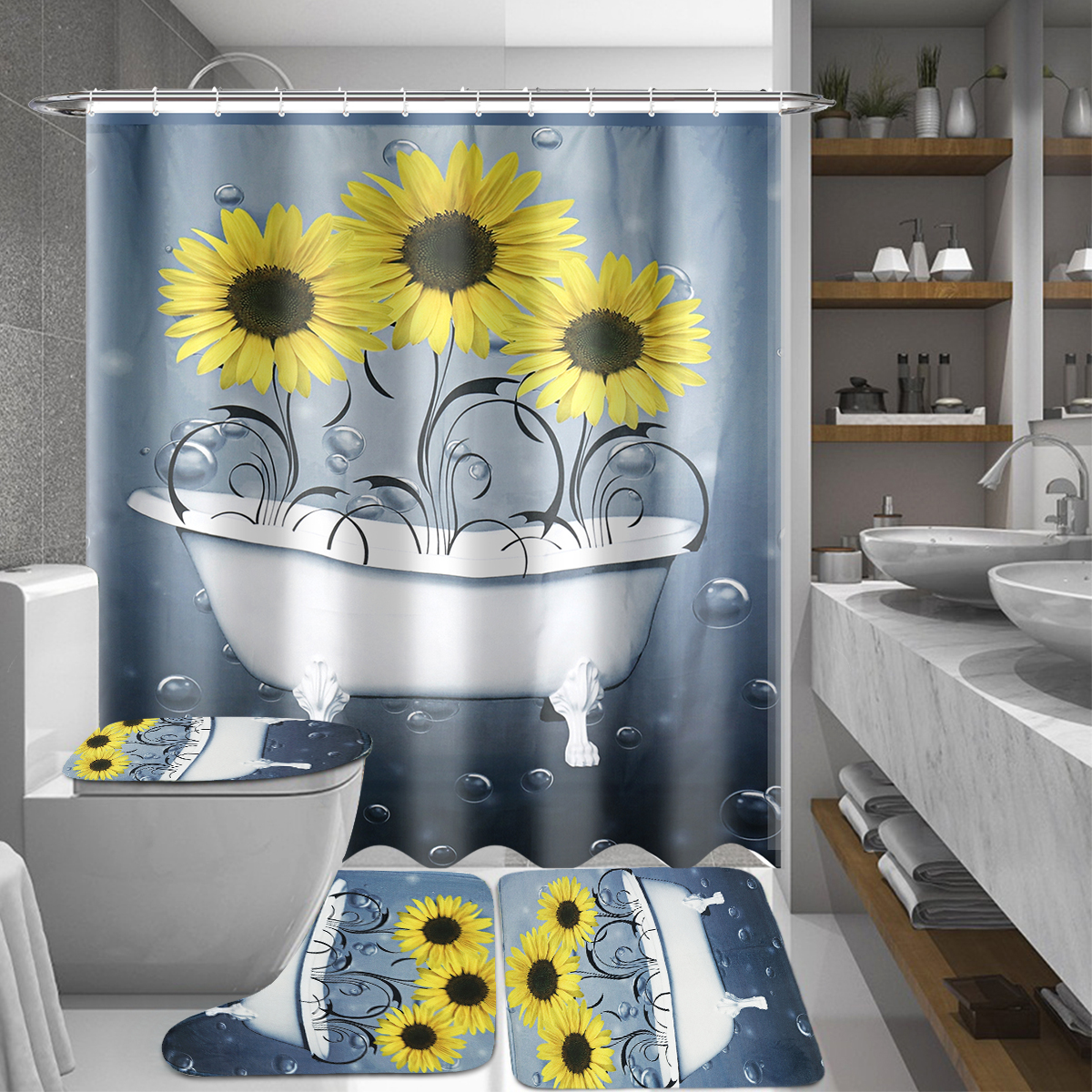 Sunflower-Shower-Curtain-Non-Slip-with-Free-Hooks-Waterproof-Fabric-Bathroom-Set-1821914-1