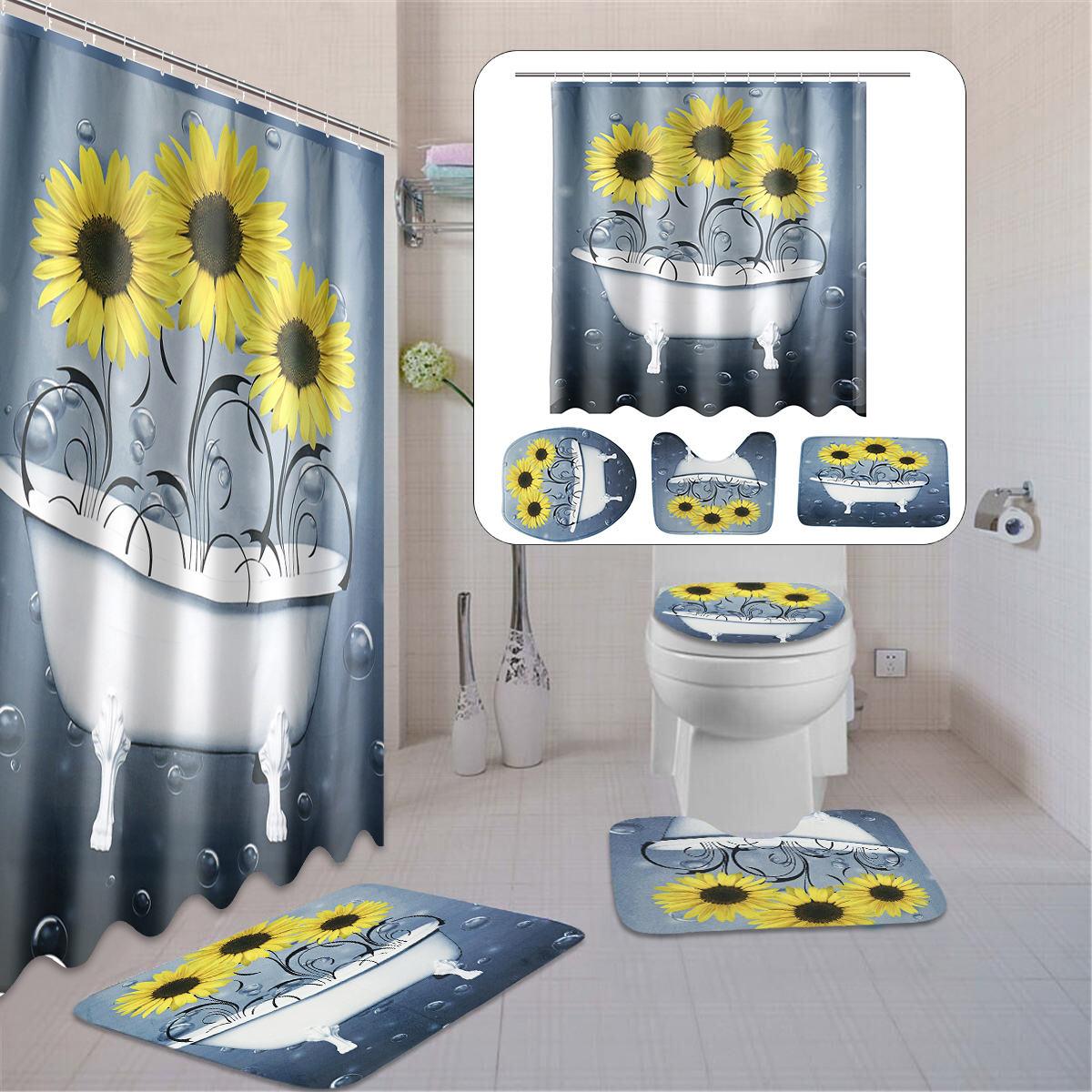 Sunflower-Shower-Curtain-Non-Slip-with-Free-Hooks-Waterproof-Fabric-Bathroom-Set-1821914-2